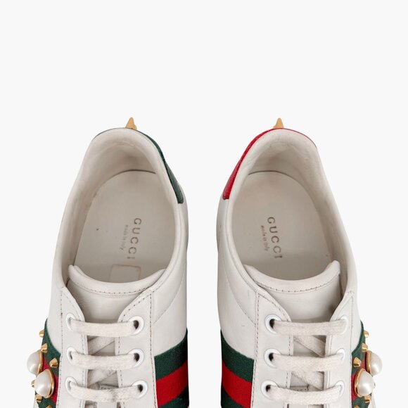 Gucci Pearl-Embellished Ace Sneakers White Leather Size 38.5 US 8.5 Women's - Picture 4 of 15